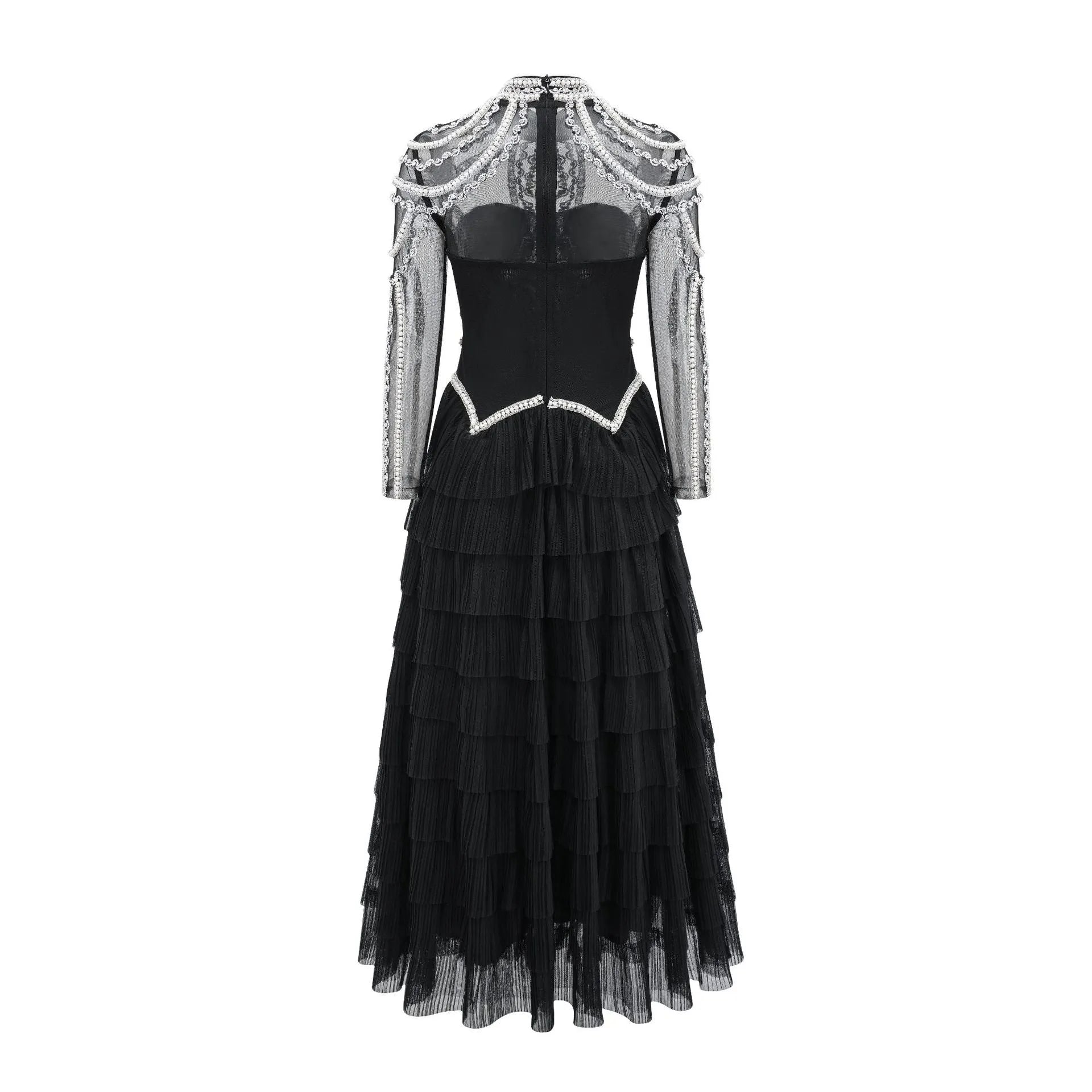 Women's long sleeve black dress with beaded decoration and mid-waist design