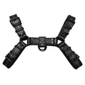 Black leather chest harness with adjustable shoulder straps and metal buckle fastenings