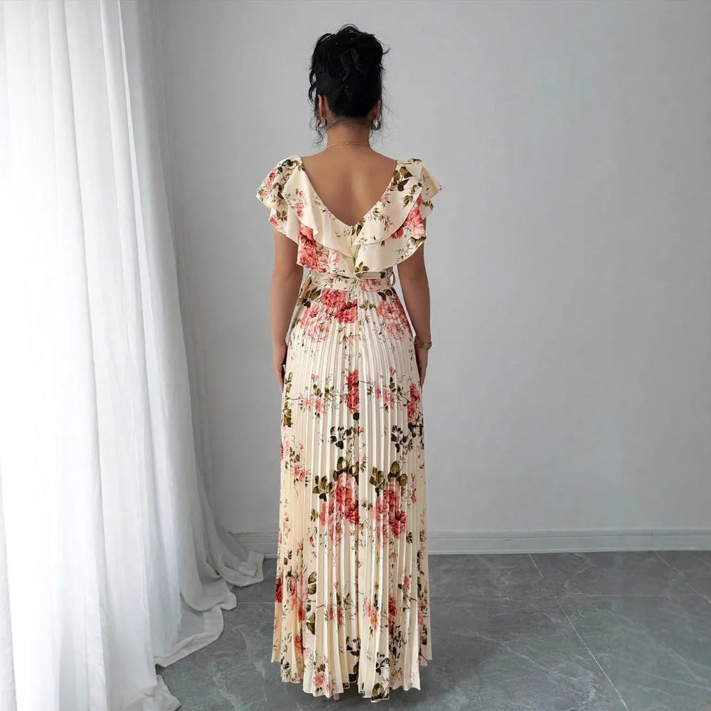 Apricot floral print v-neck dress with ruffled short sleeves and swing skirt