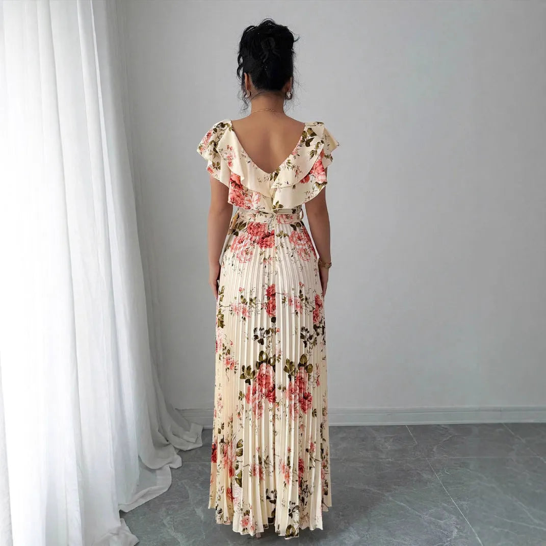 Apricot floral print v-neck dress with ruffled short sleeves and swing skirt