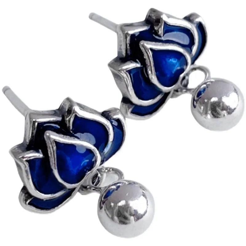 Blue Lotus earrings retro artistic lotus seedpod tassel design alloy ear studs
