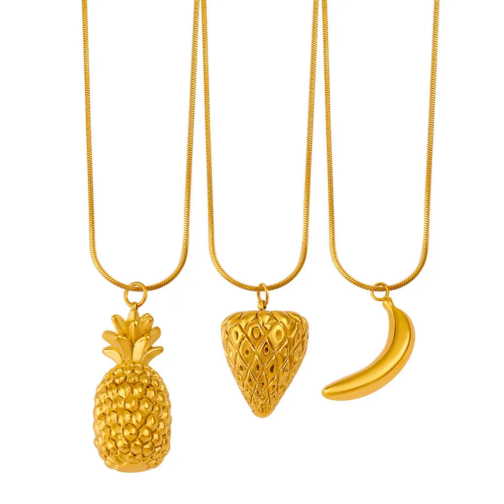 Stainless steel fruit charm necklace on alloy chain, showing apple, grape, and watermelon pendant options.