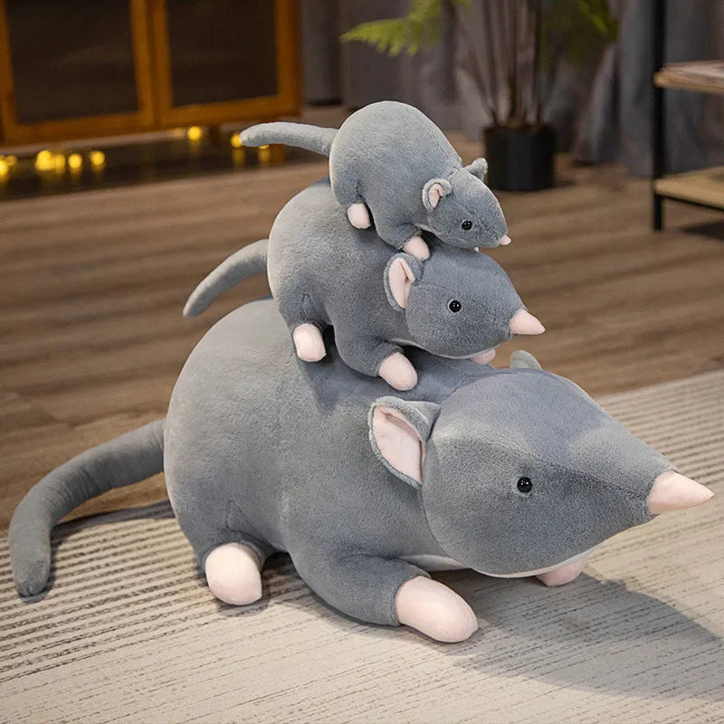 Cartoon mouse plush doll toy in soft fabric, shown in 32cm, 50cm, and 100cm size options.