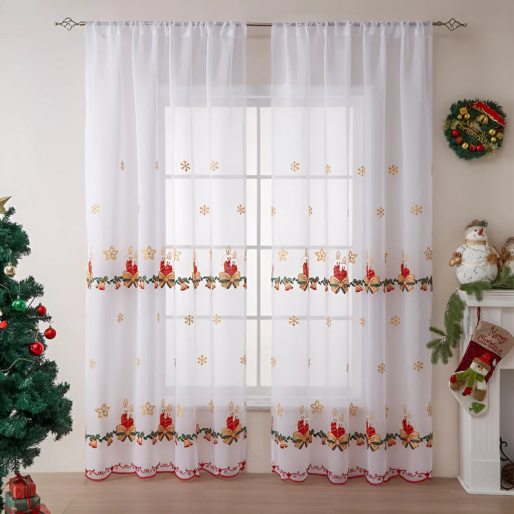 A pair of white polyester curtains with embroidered red Christmas snowflakes in an American style.