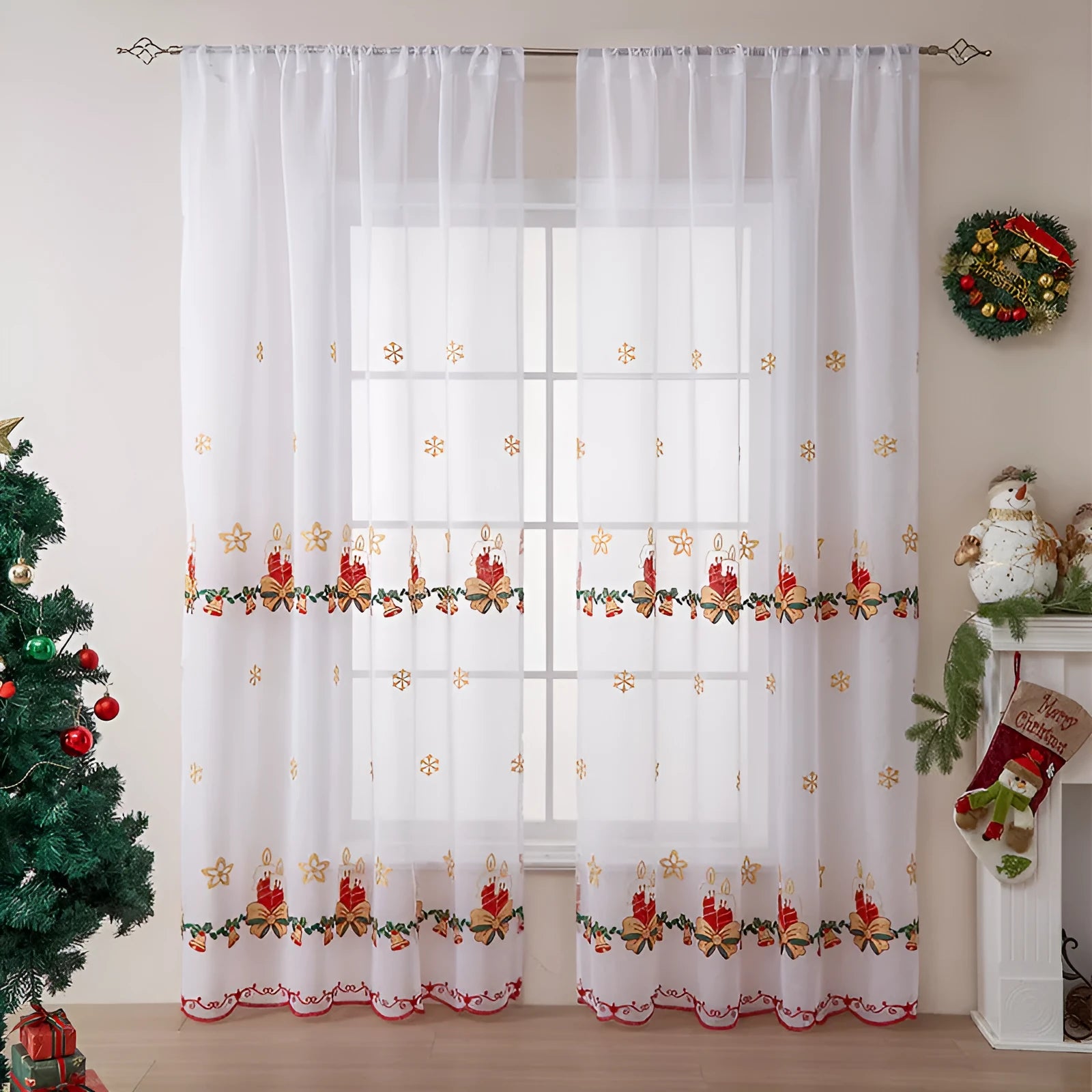 A pair of white polyester curtains with embroidered red Christmas snowflakes in an American style.