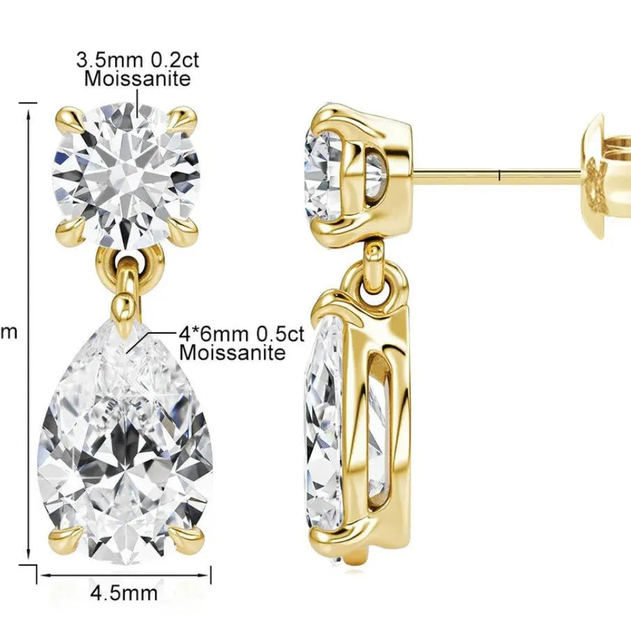Women's geometric moissanite stud earrings with round and water drop stones in 925 sterling silver