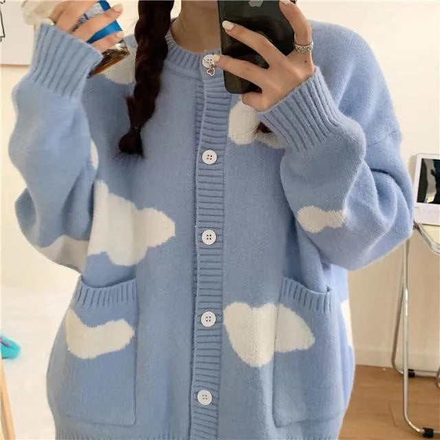 Blue cloud pattern women's spandex cardigan sweater with loose fit and long sleeves