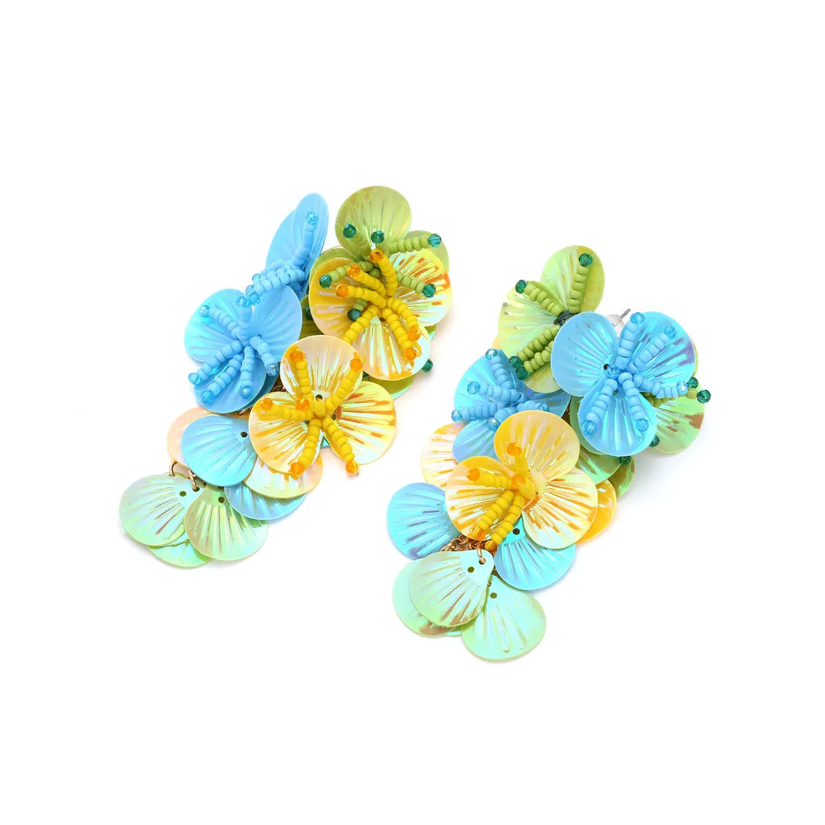 Handmade bead flower earrings with exaggerated string design in colourful, rose, and purple colour options