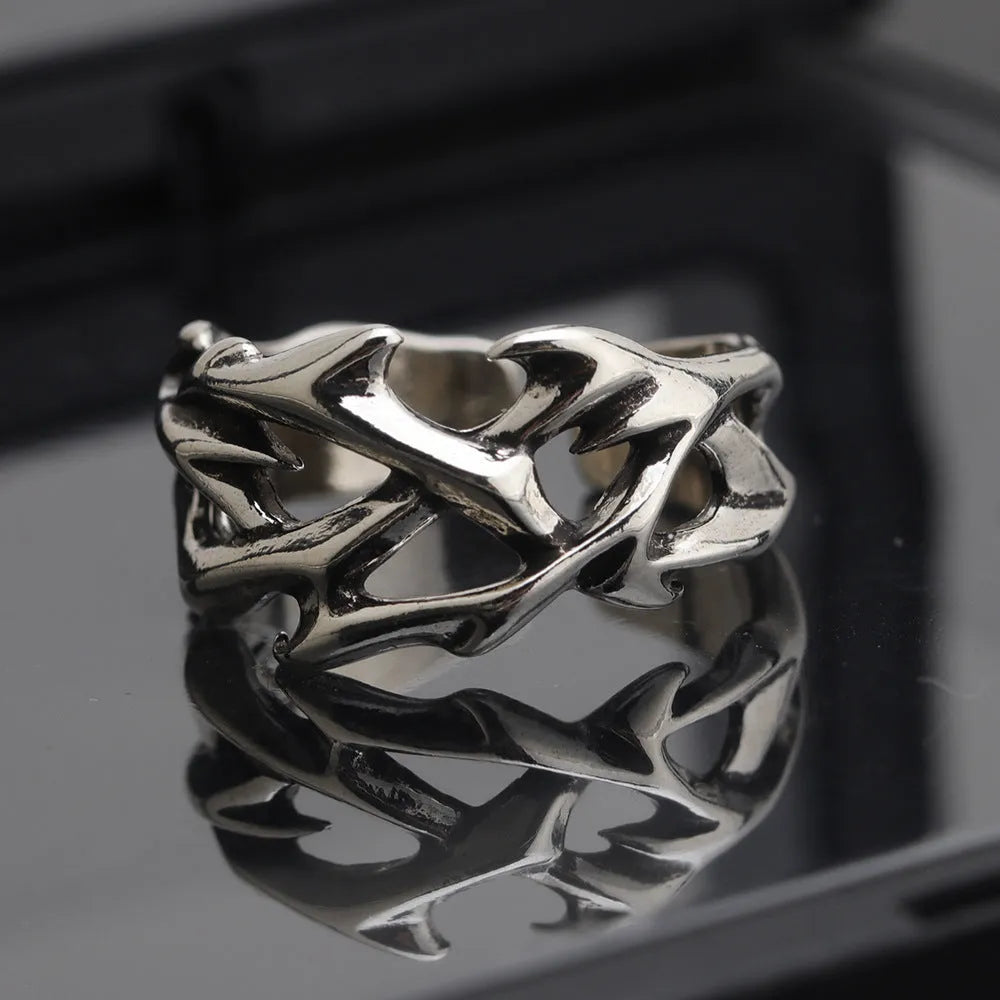 Copper thorn flower ring with adjustable opening in geometric design
