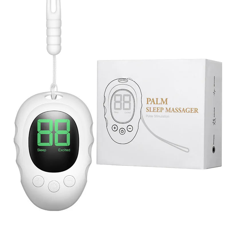 Rechargeable silicone sleep aid hand grip monitor with remote control in white, black, or green.