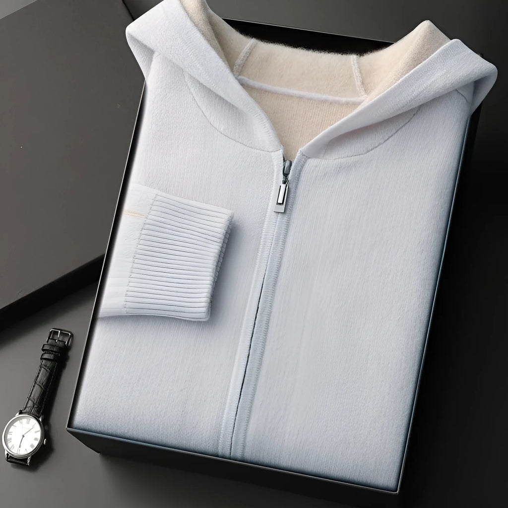 Men's dark blue cashmere blend zip cardigan with half-high collar and long sleeves