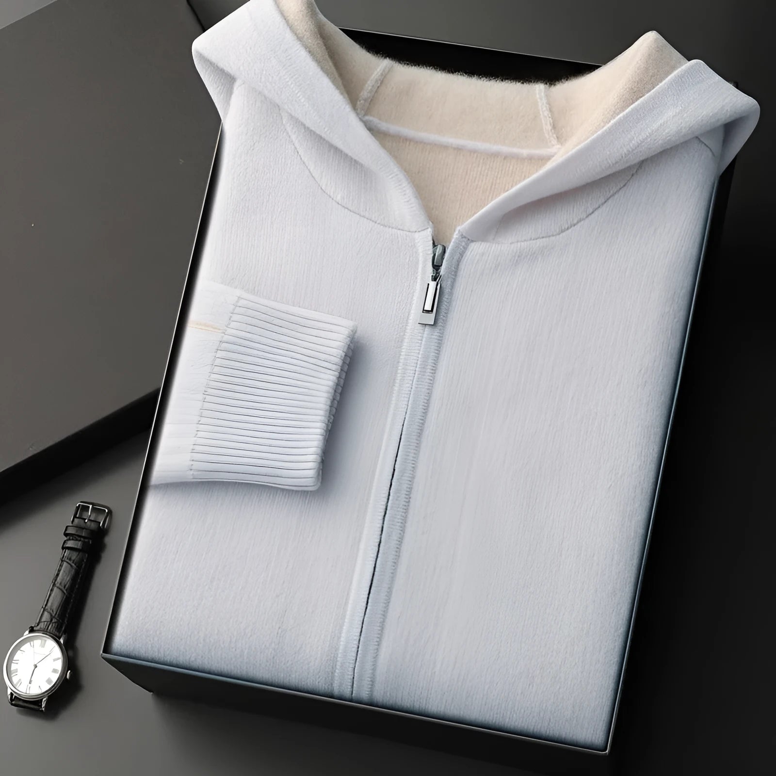 Men's dark blue cashmere blend zip cardigan with half-high collar and long sleeves