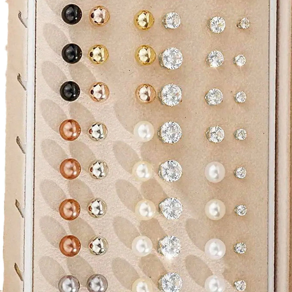 108 geometric round pearl earrings in gold and yellow electroplated alloy finishes displayed as a collection