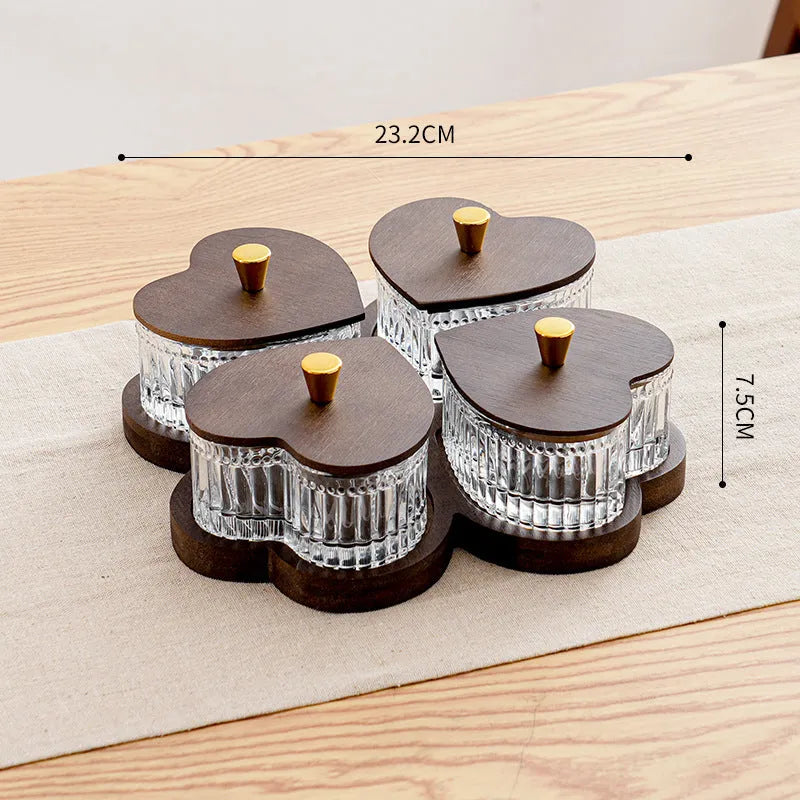 Glass fruit platter with transparent heart-shaped lid in retro style for foot bath hotels