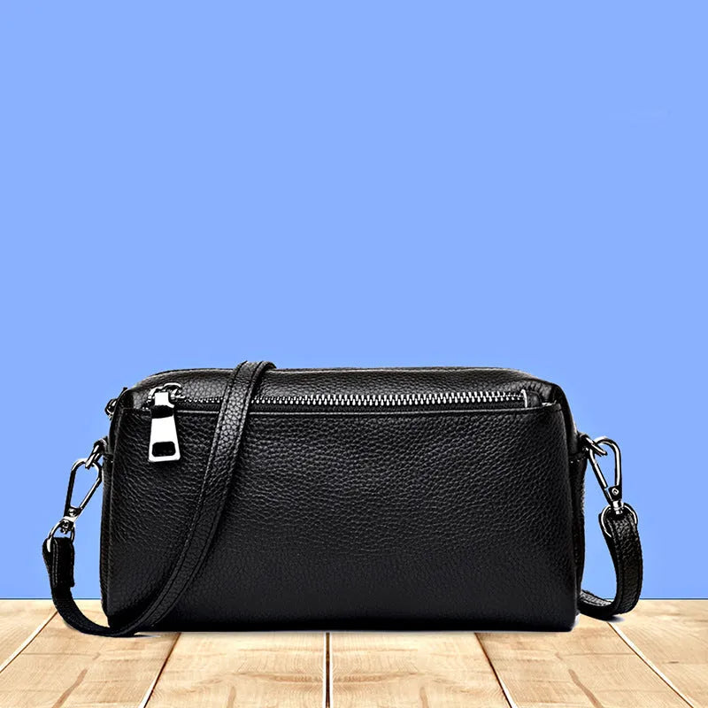 Women's genuine leather crossbody shoulder bag in horizontal square shape, soft cowhide, 21x6x11cm, black colour
