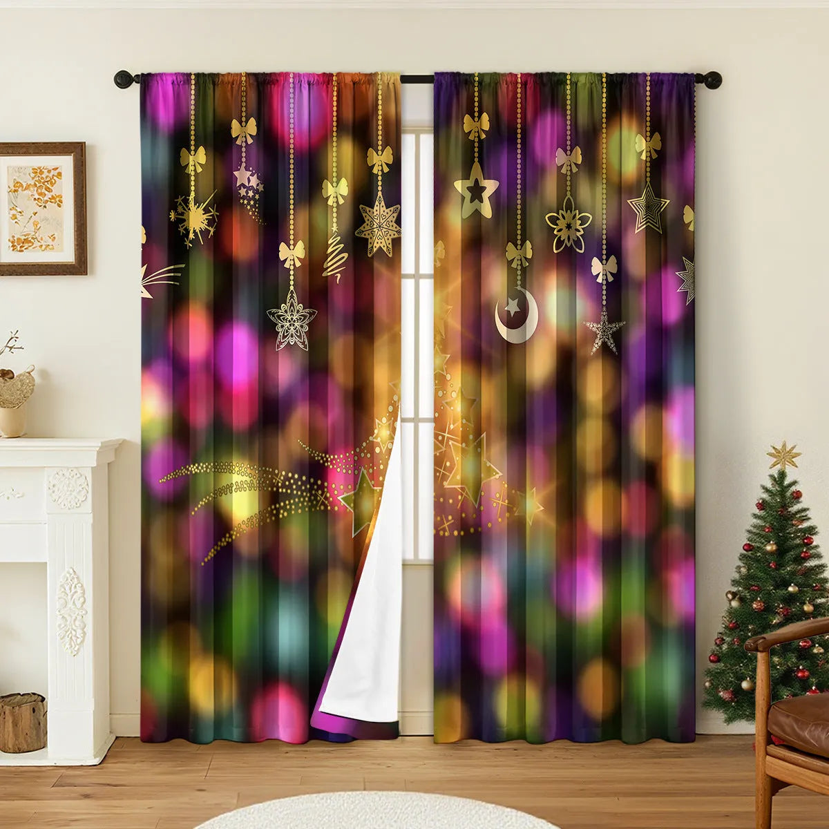Pair of 3D digitally printed Christmas style curtains with European patterns on polyester fabric