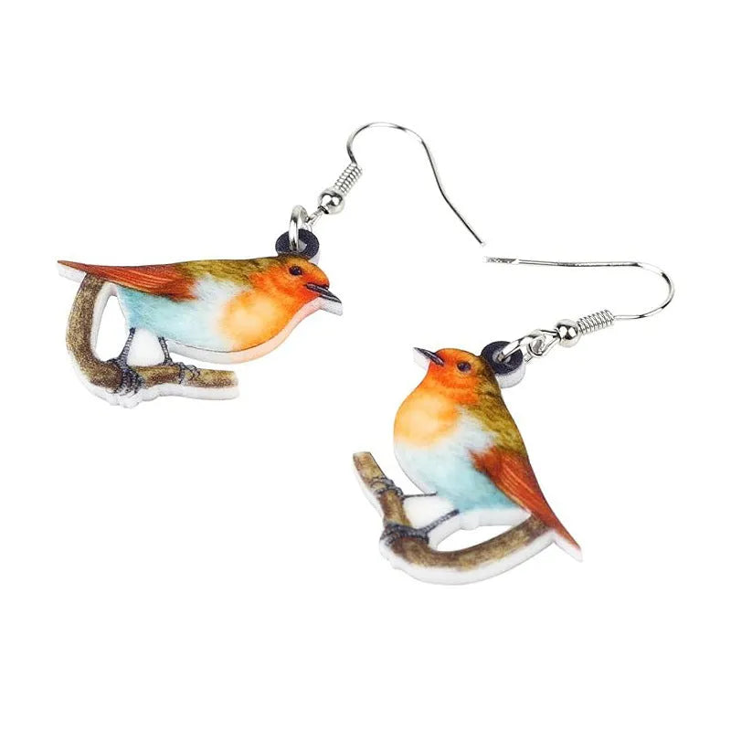 A pair of geometric acrylic earrings with a printed Blue Titmouse bird design in two colour options.