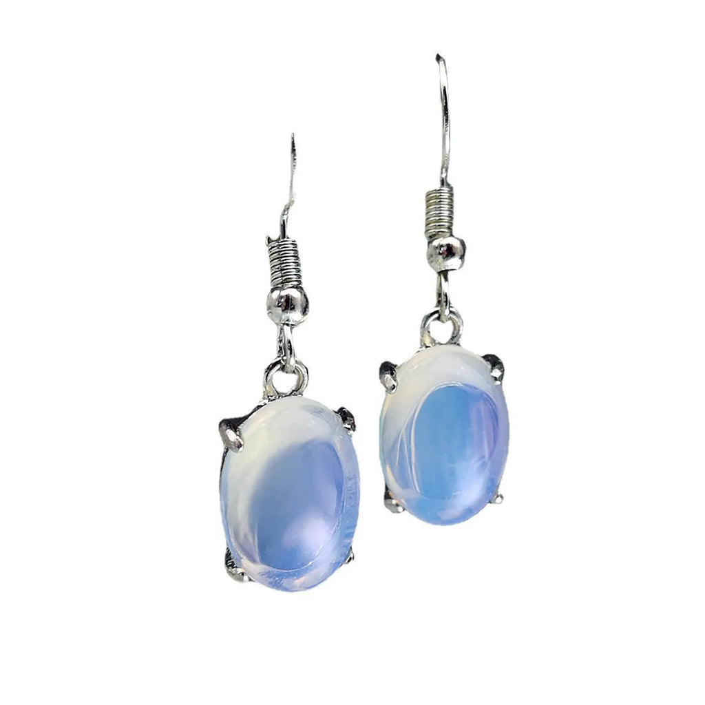 Moonlight white opal drop earrings with retro moonstone design and elliptical elements