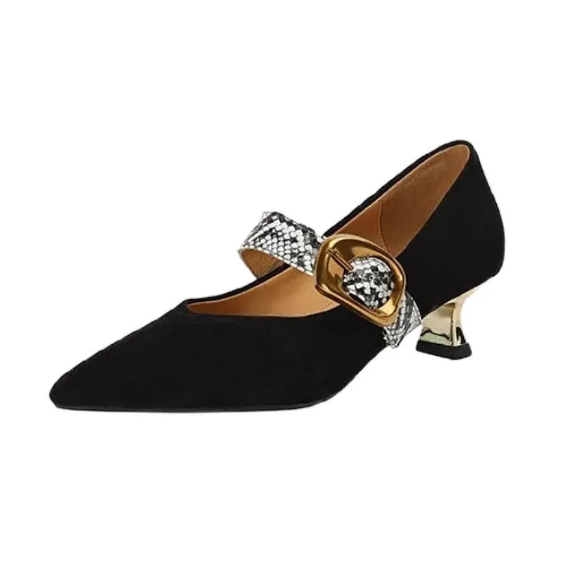 Women's black pointed high heels with stiletto heels and buckle closure