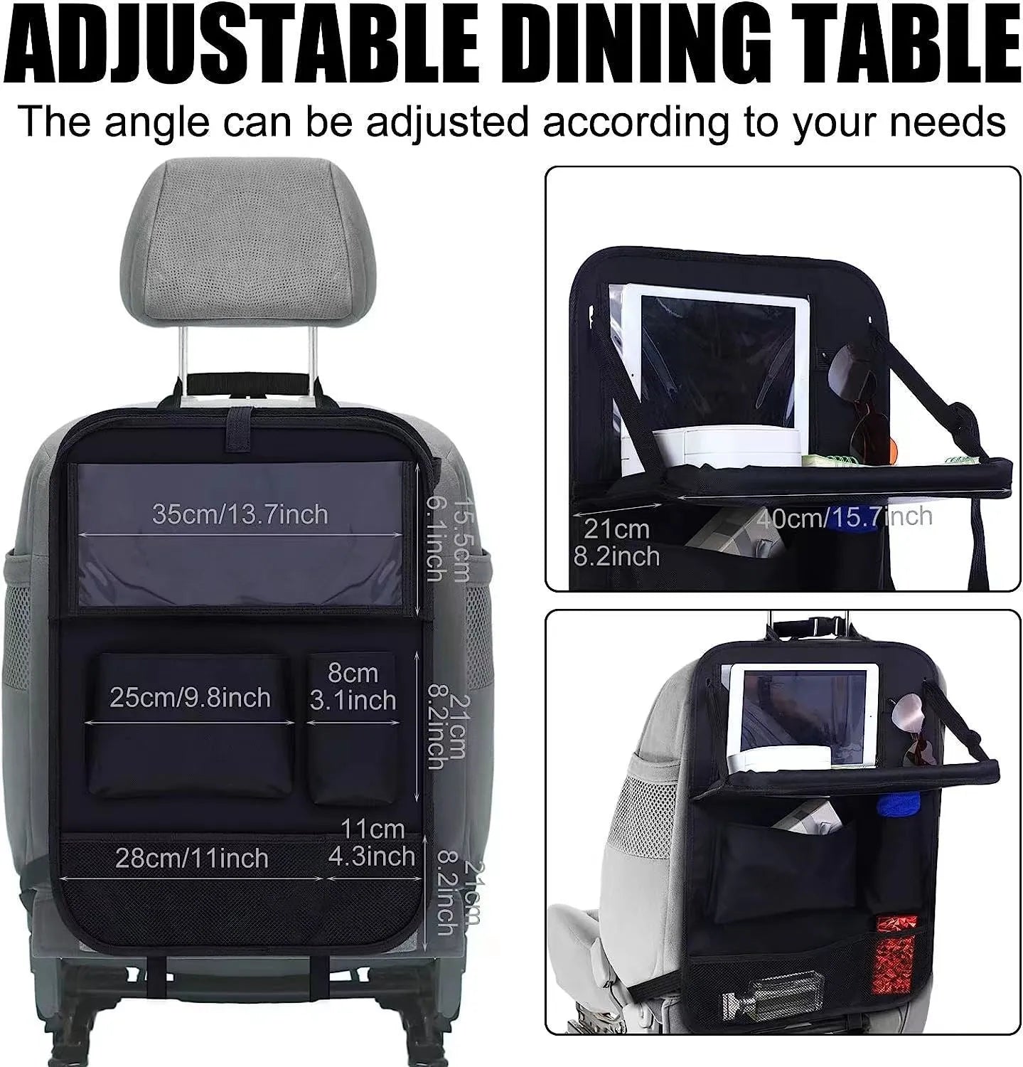 Black oxford cloth car seat back storage organiser bag hanging over a car seat.