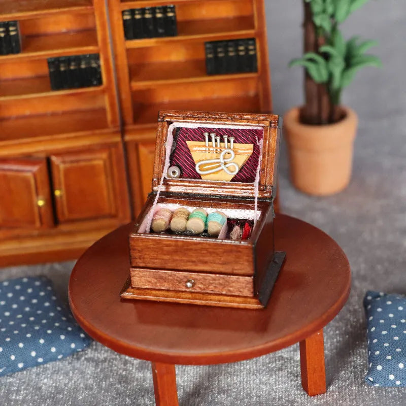 Miniature birch wood vintage sewing kit ornament with European styling and double layer colour
