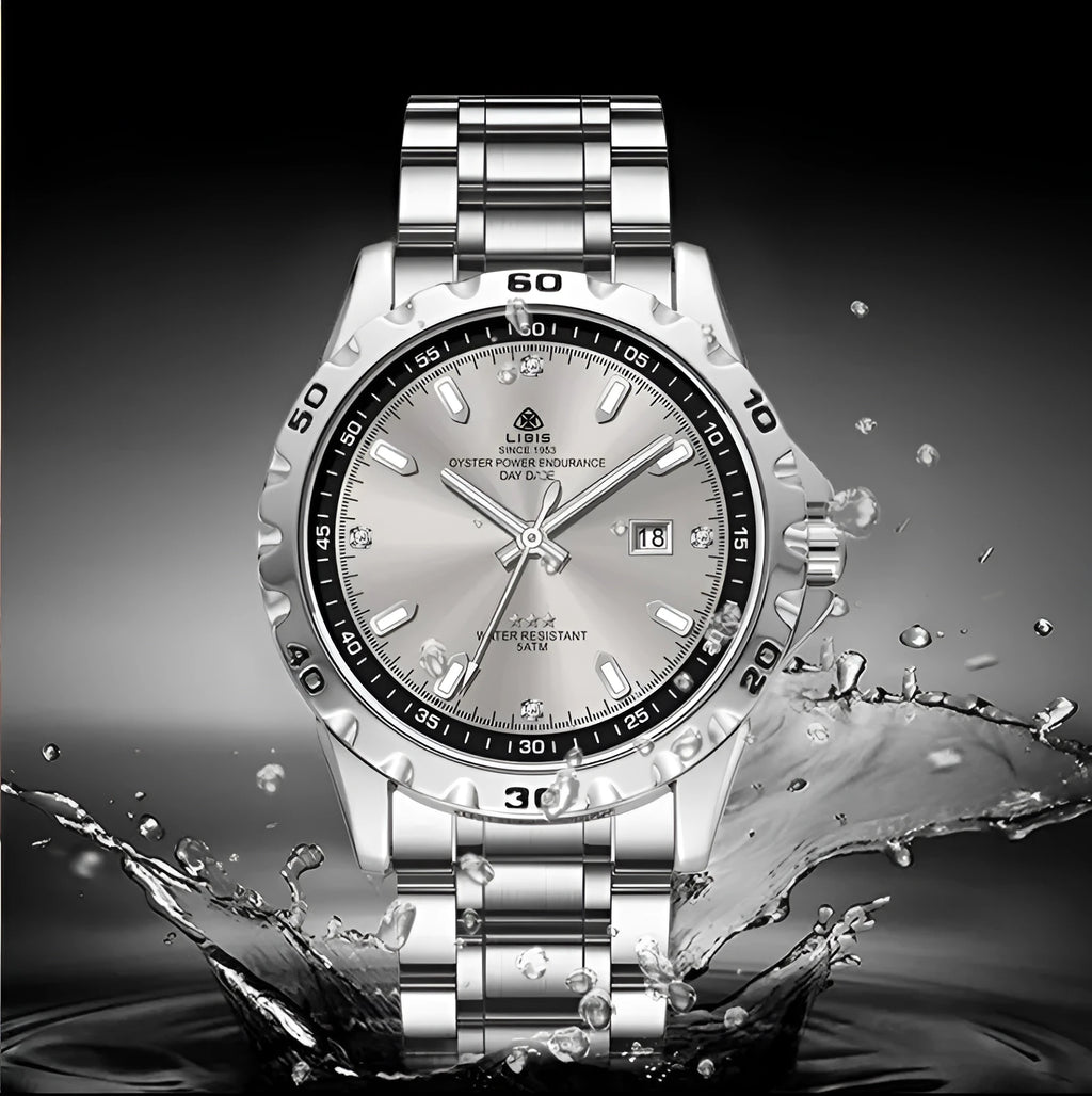 Men's silver stainless steel quartz watch with luminous hands on black or grey strap