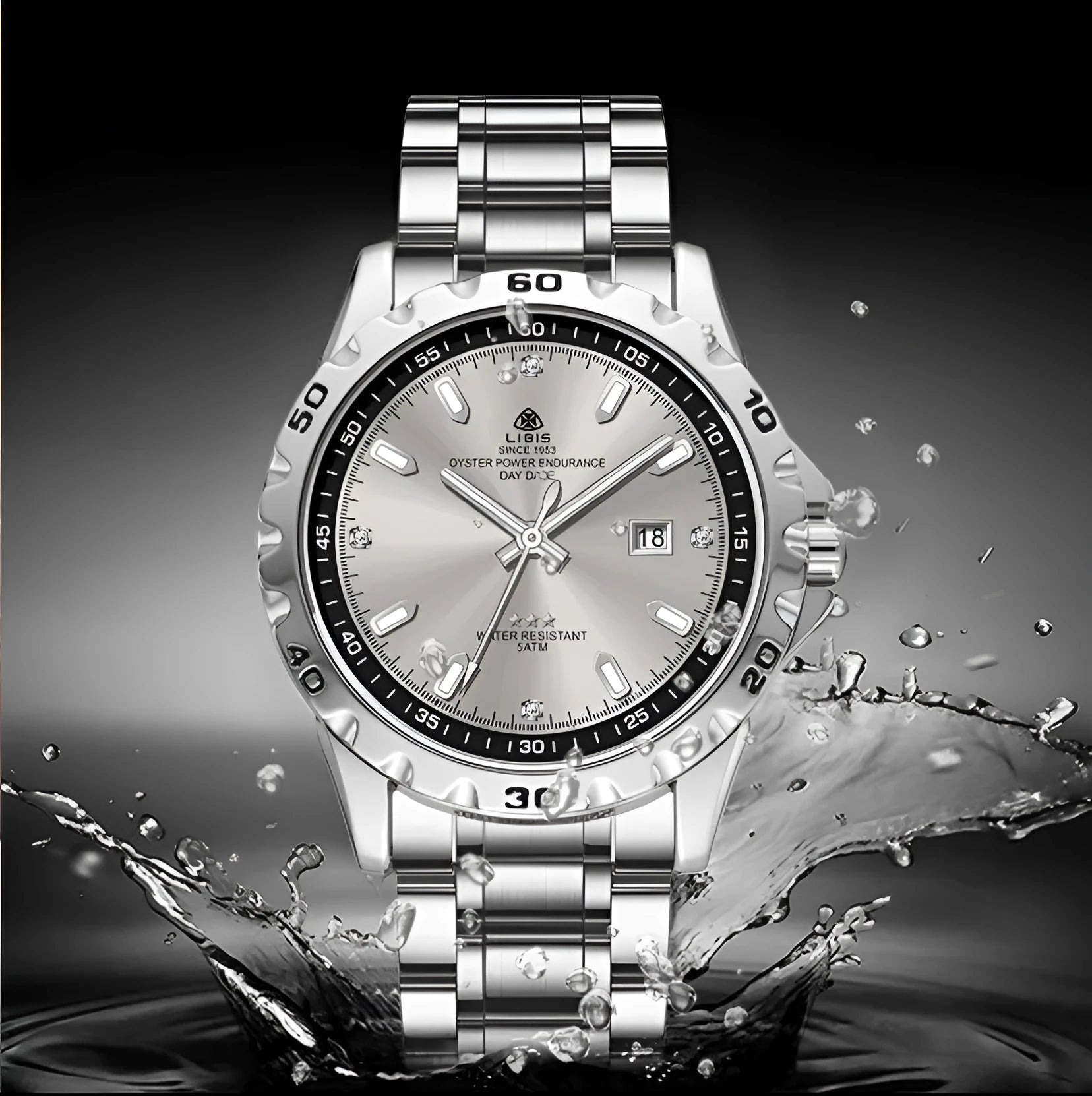 Men's silver stainless steel quartz watch with luminous hands on black or grey strap