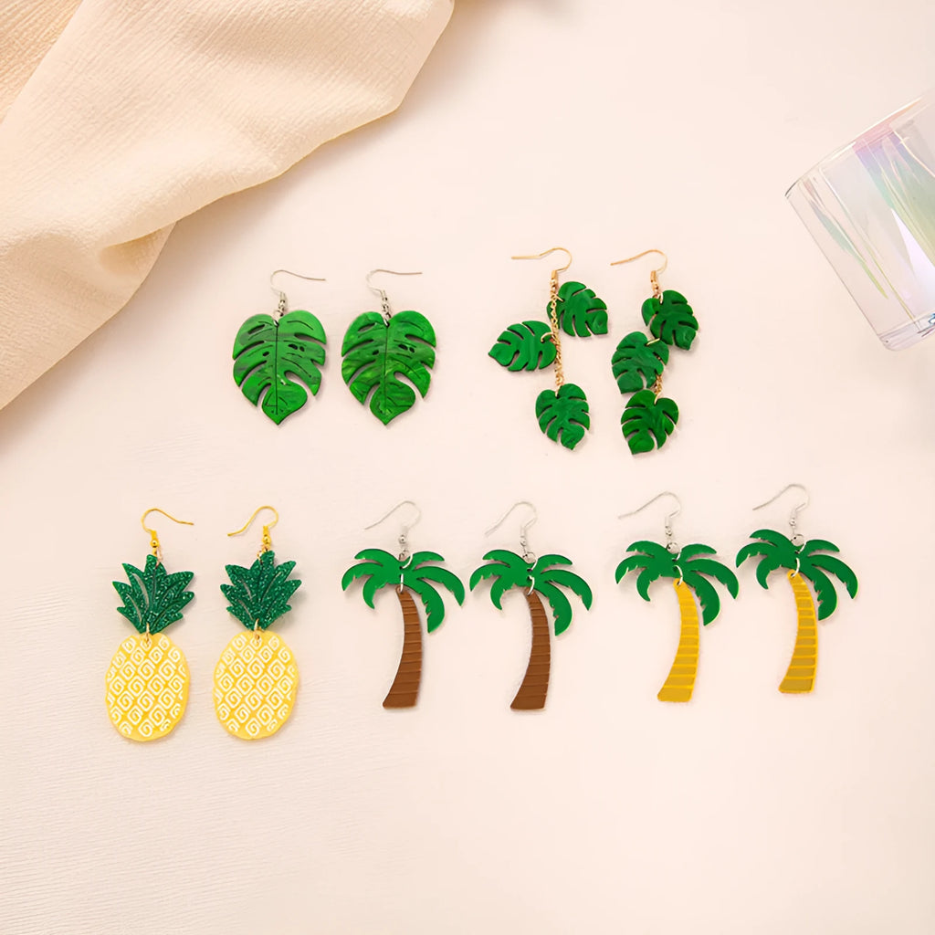Drop earrings with acrylic coconut and artocarpus fruit charms on alloy hooks in summer colours