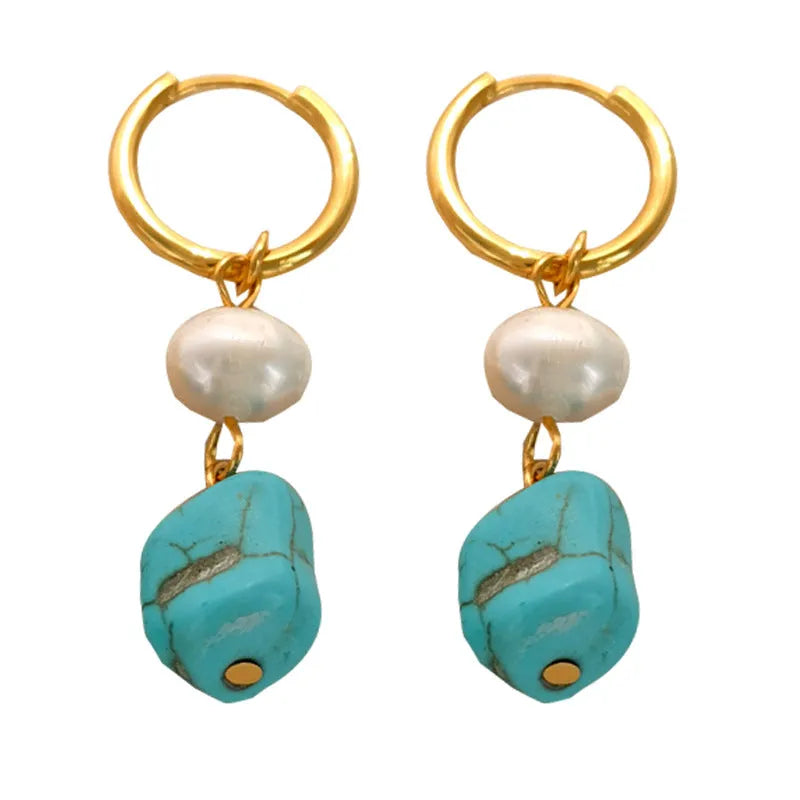 Copper geometric earrings with irregular turquoise stones and cultured pearls in dangle and clip styles