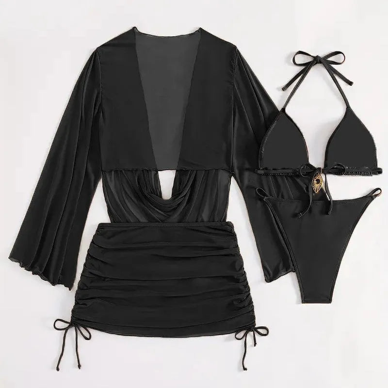 Dark brown lace-up bikini swimsuit for women on a mannequin, backless brief style.