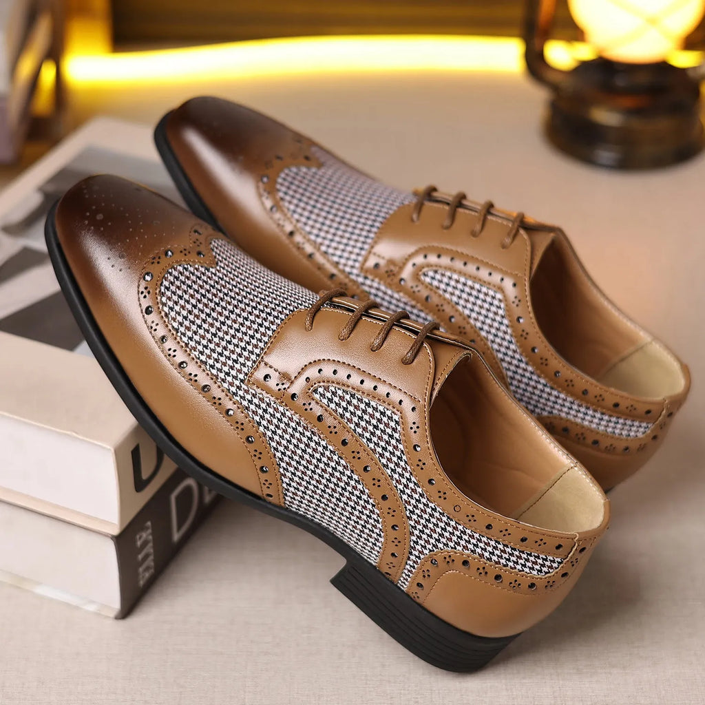 Men's black houndstooth plaid canvas casual shoes with a rubber sole and square toe.