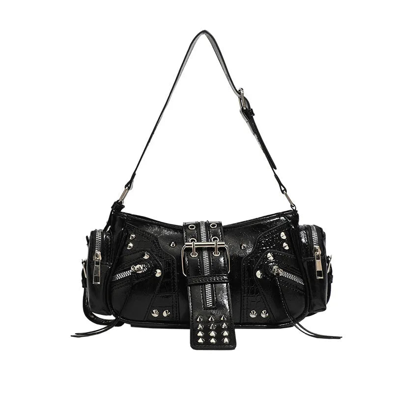Black oil wax leather retro handbag with dumpling shape and multiple zippered compartments