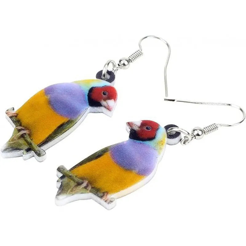 A pair of geometric acrylic earrings with a printed Blue Titmouse bird design in two colour options.