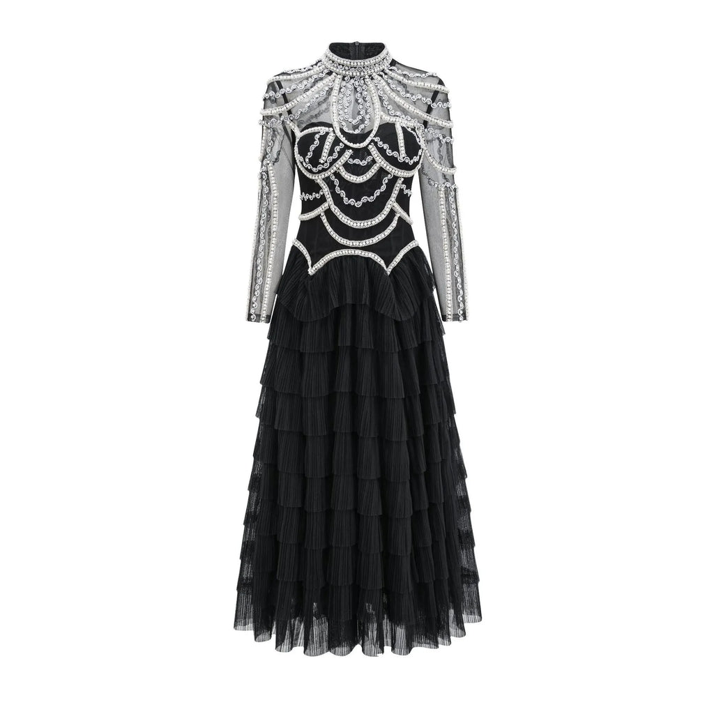 Women's long sleeve black dress with beaded decoration and mid-waist design