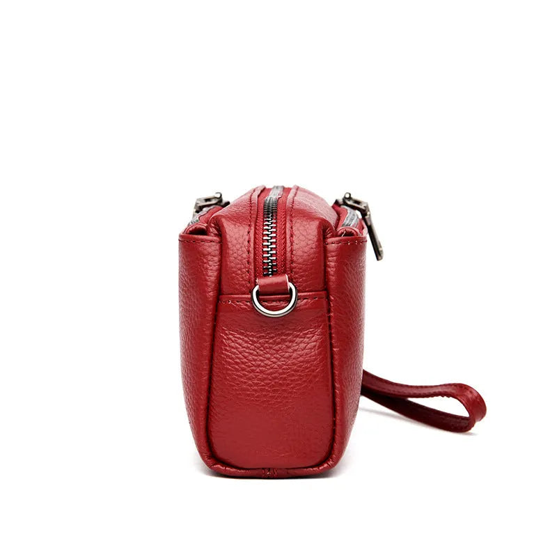 Women's genuine leather crossbody shoulder bag in horizontal square shape, soft cowhide, 21x6x11cm, black colour