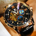 Men's automatic mechanical watch with black dial, rose gold shell, transparent case back and genuine leather strap