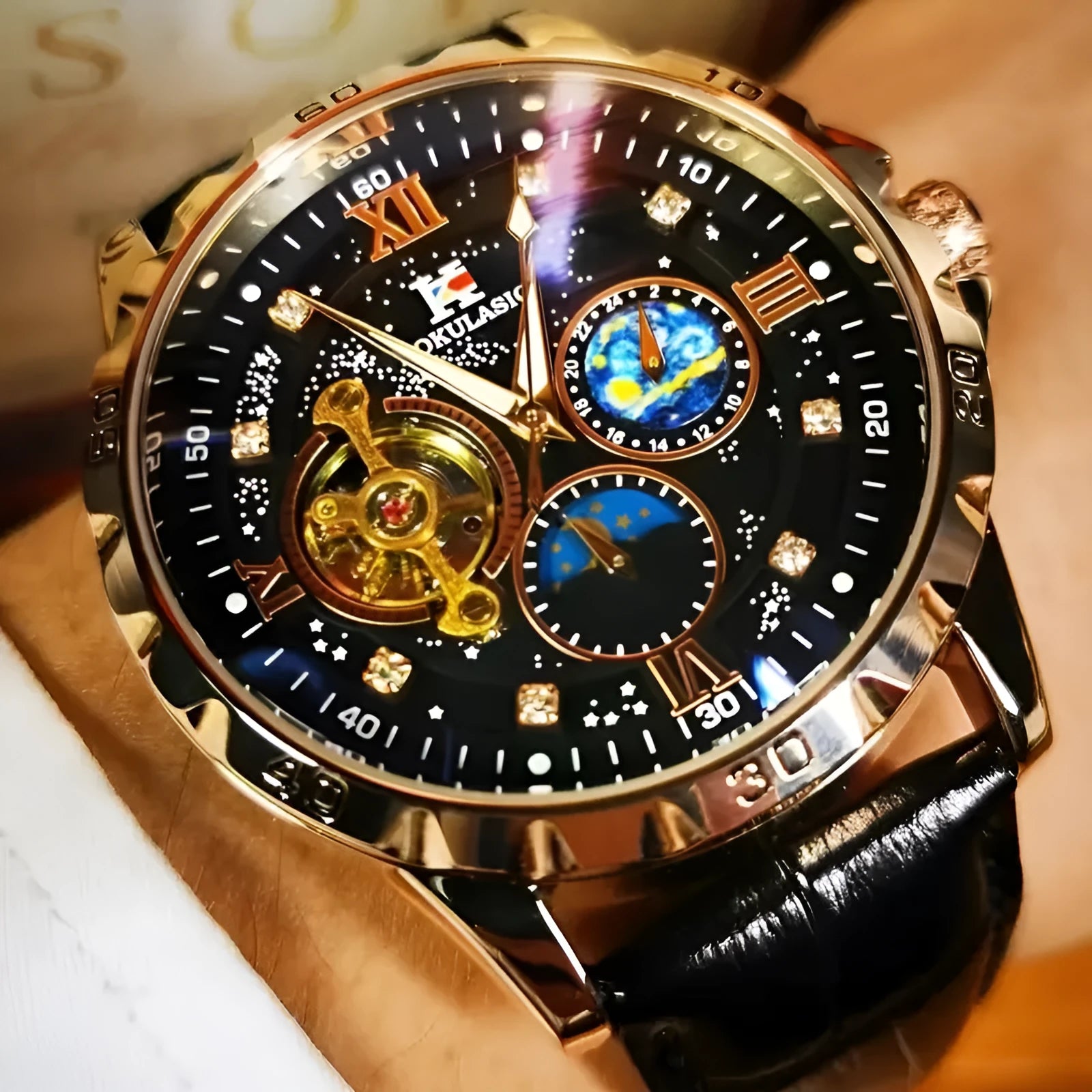 Men's automatic mechanical watch with black dial, rose gold shell, transparent case back and genuine leather strap