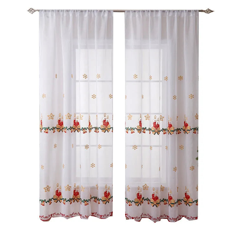 A pair of white polyester curtains with embroidered red Christmas snowflakes in an American style.