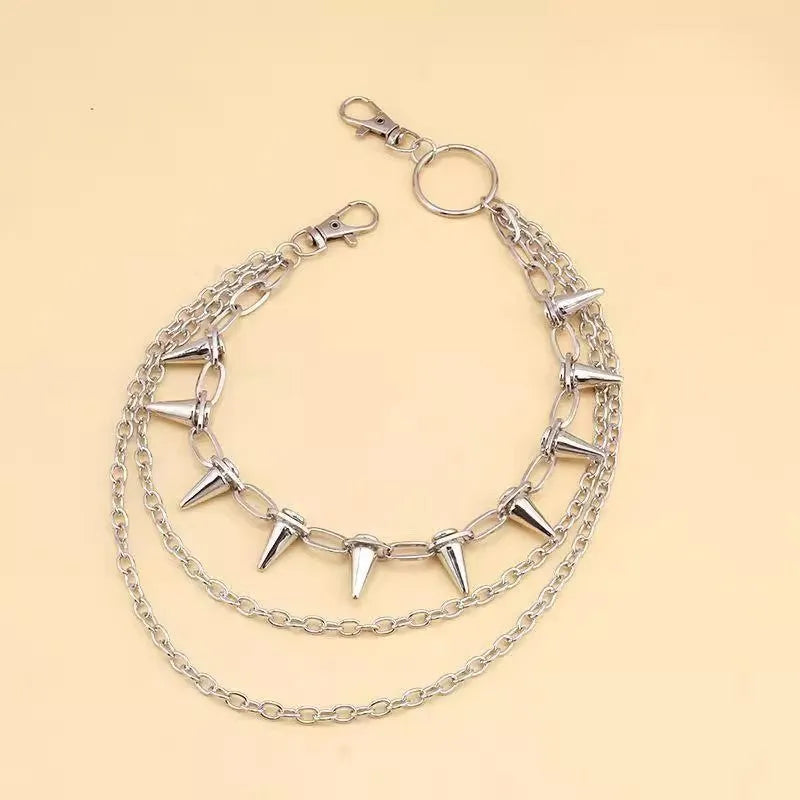 Silver alloy trousers chain with rivet and zipper detailing on 115cm adjustable length for punk fashion