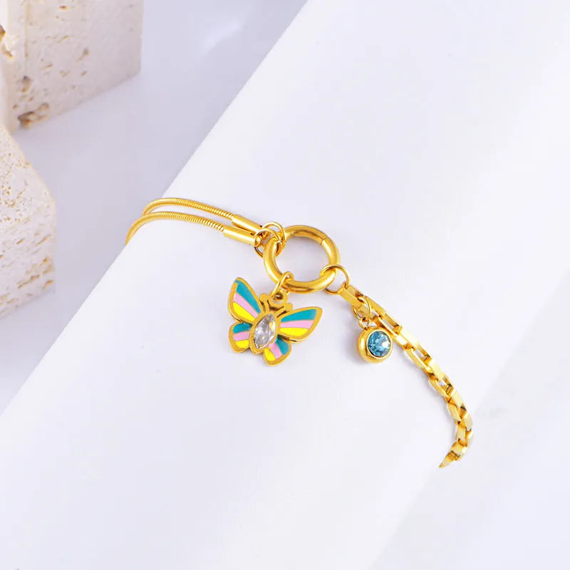 Gold titanium steel butterfly necklace and bracelet jewellery set with snake bones chain