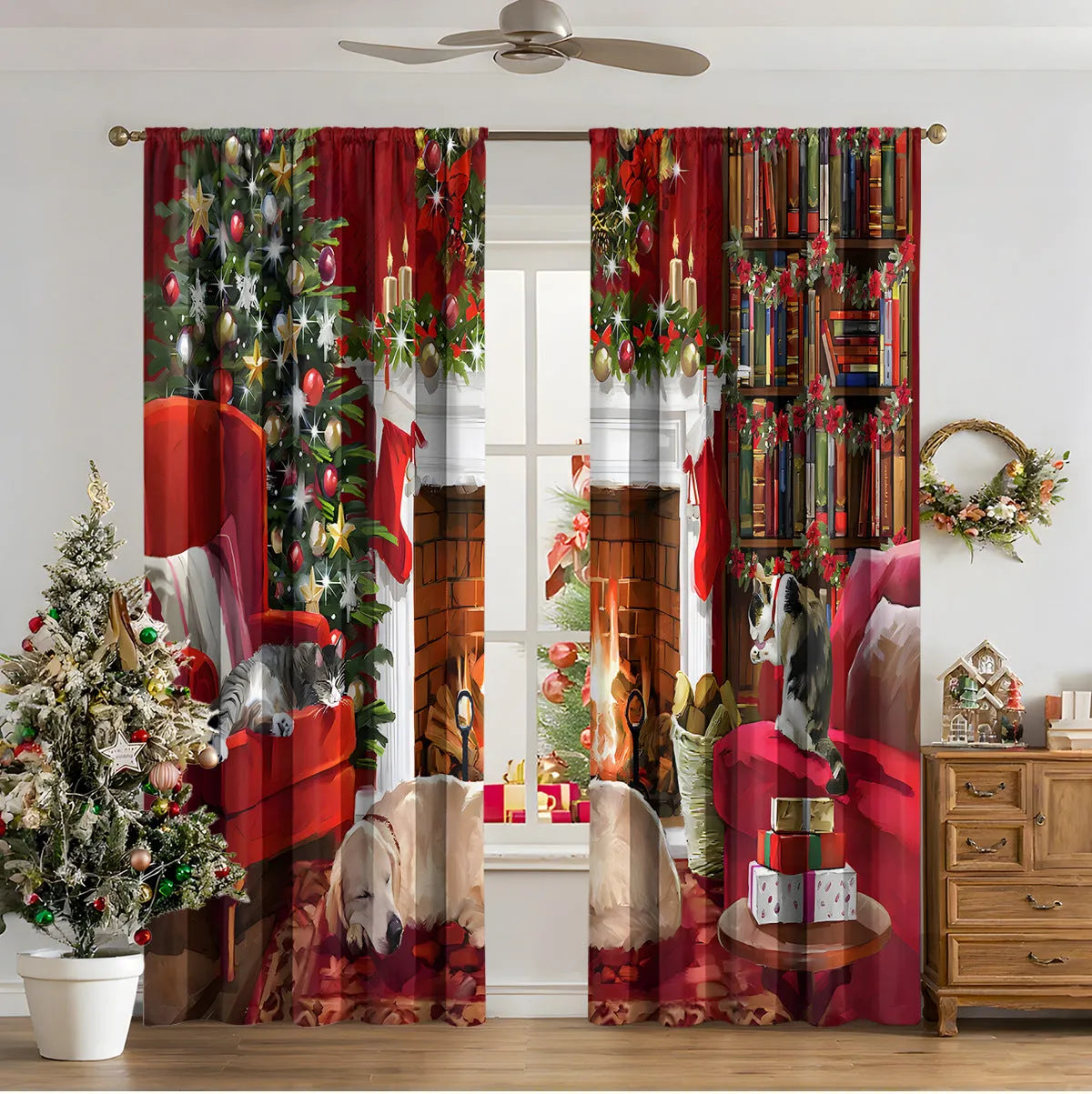 Pair of 3D digitally printed Christmas curtains in a modern European style pattern, hanging at a window.