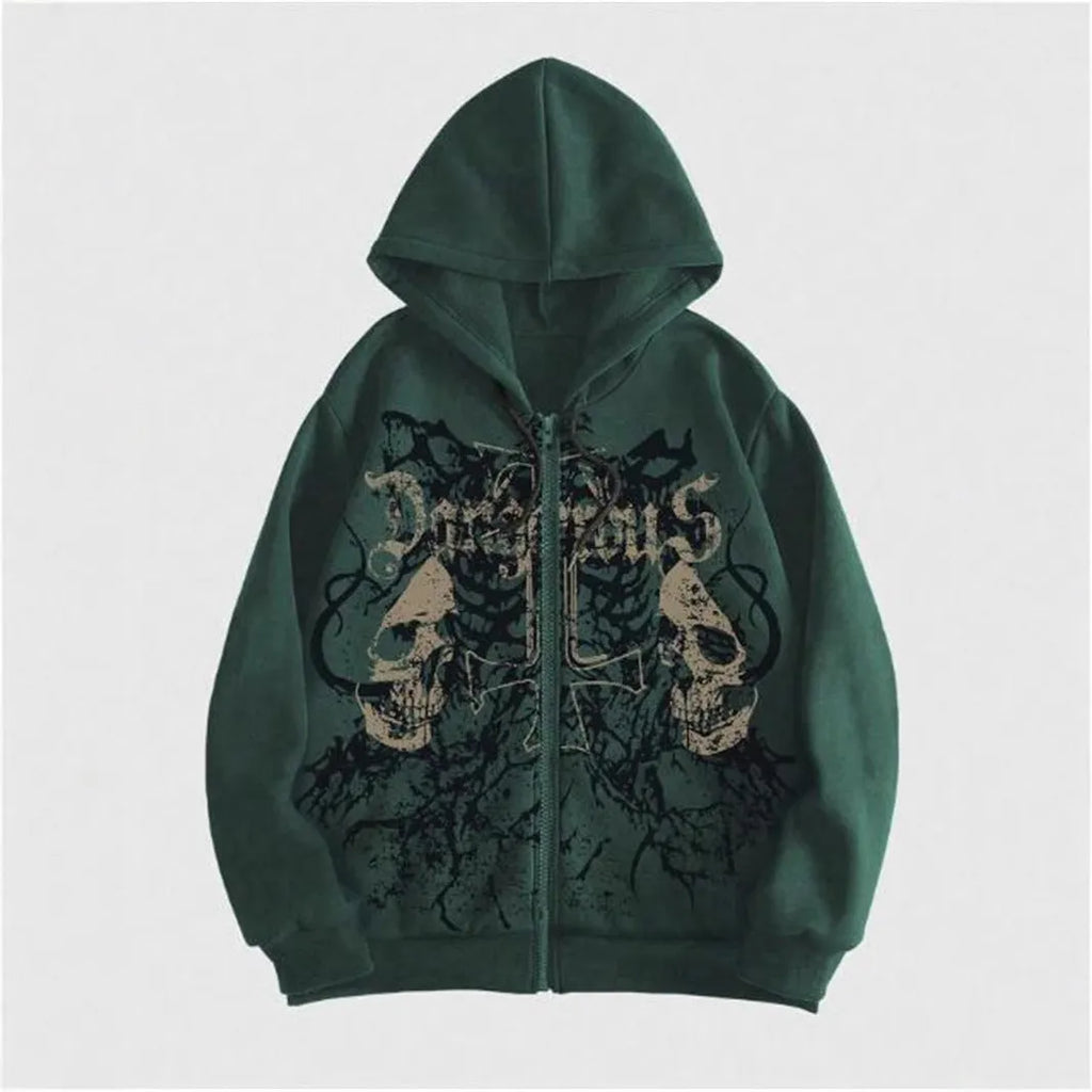Men's black hooded sweatshirt with skull print, cotton blend, Harajuku style, long sleeve pullover