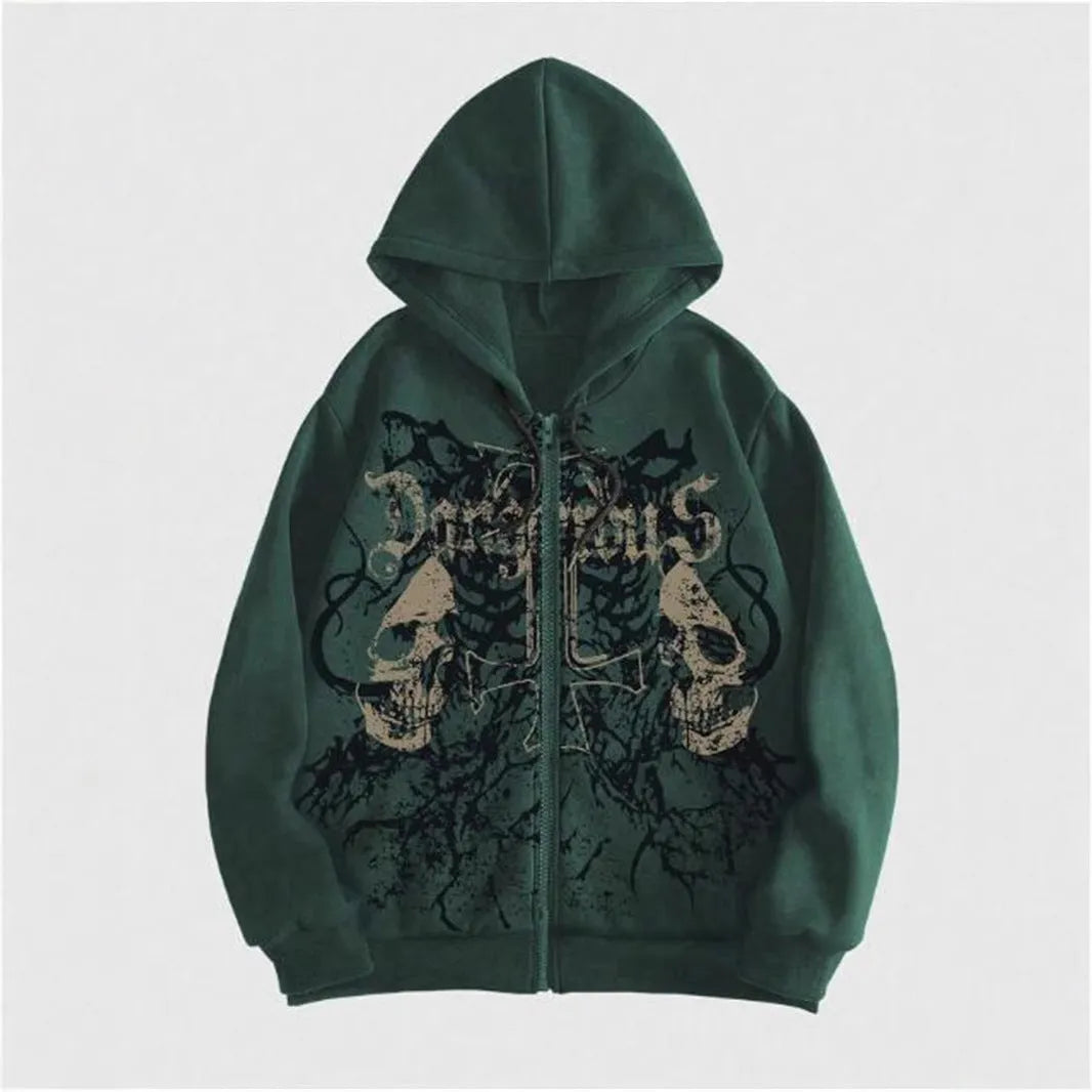 Men's black hooded sweatshirt with skull print, cotton blend, Harajuku style, long sleeve pullover