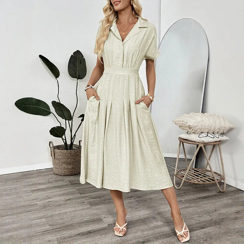 Light green twill lapel pocket shirt dress with waist tight skirt and splicing design for commute