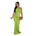 Women's solid colour long one-shoulder pleated dress in milk silk fabric, shown on a model.