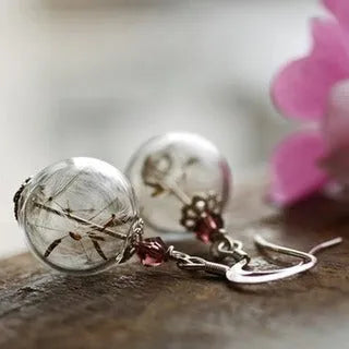 Transparent glass ball earrings with dandelion seed design on a silver French hook