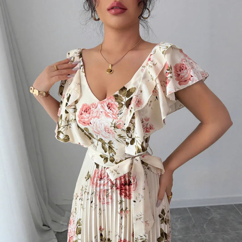 Apricot floral print v-neck dress with ruffled short sleeves and swing skirt