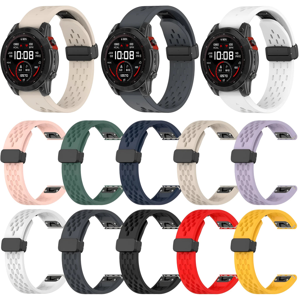 Garmin Fenix quick release replacement watch strap in multiple colours showing 20mm, 22mm, and 26mm size options.