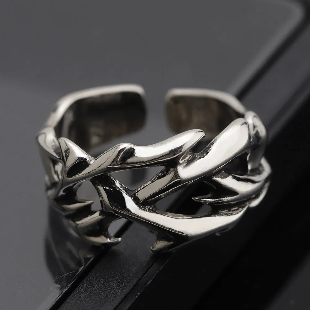 Copper thorn flower ring with adjustable opening in geometric design