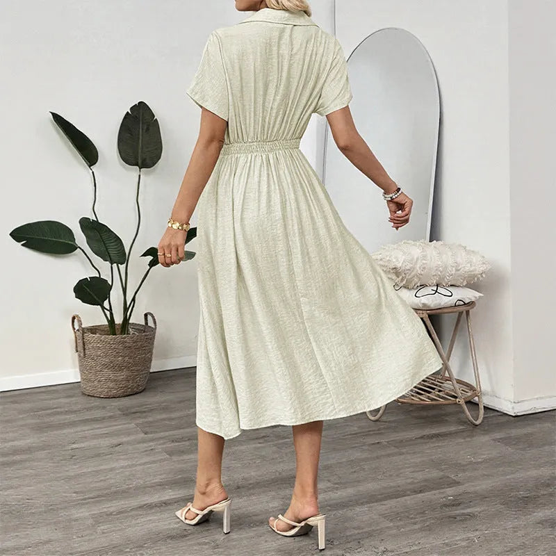 Light green twill lapel pocket shirt dress with waist tight skirt and splicing design for commute